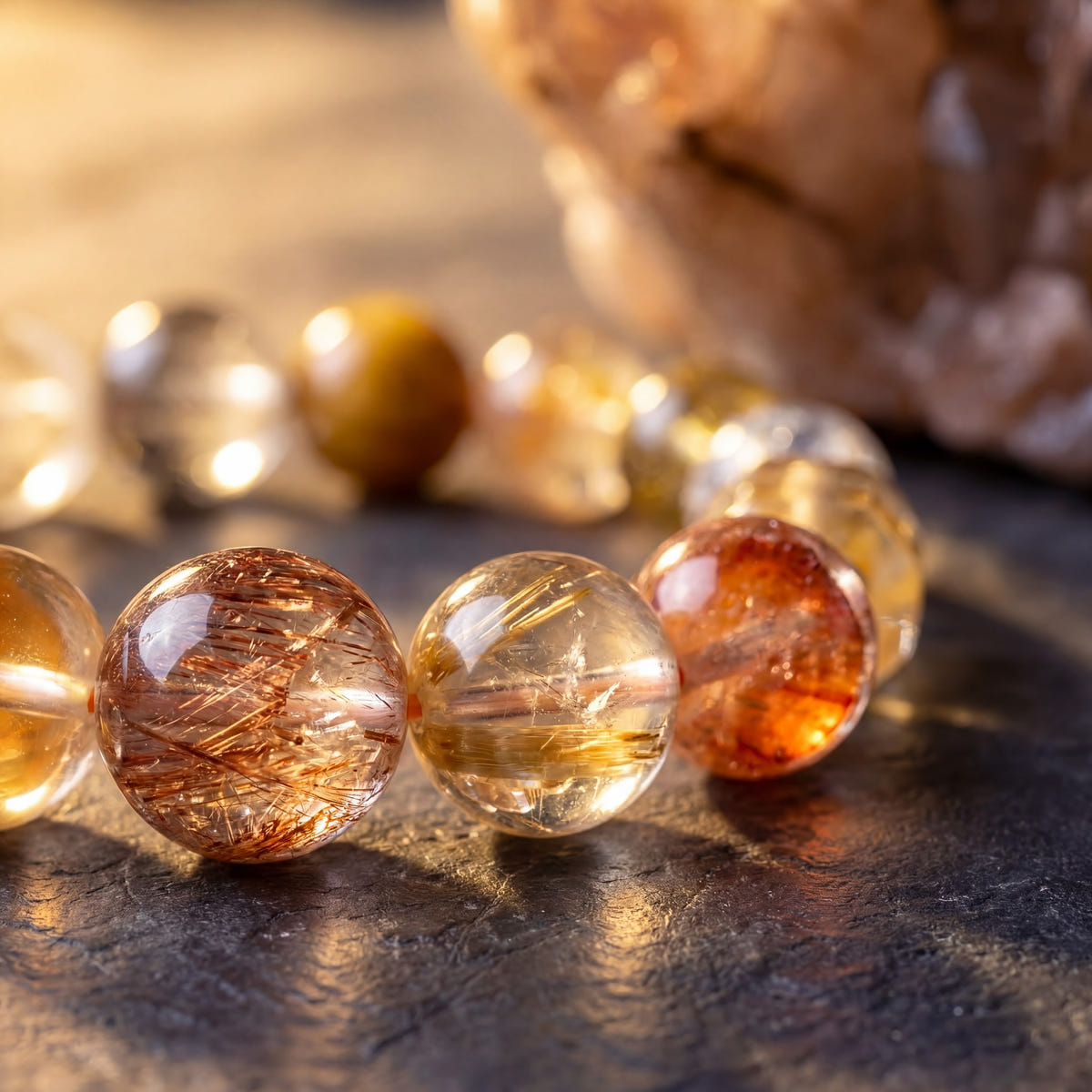 Macro of Z02 Aurum Complex beads — copper rutile threads catching warm light