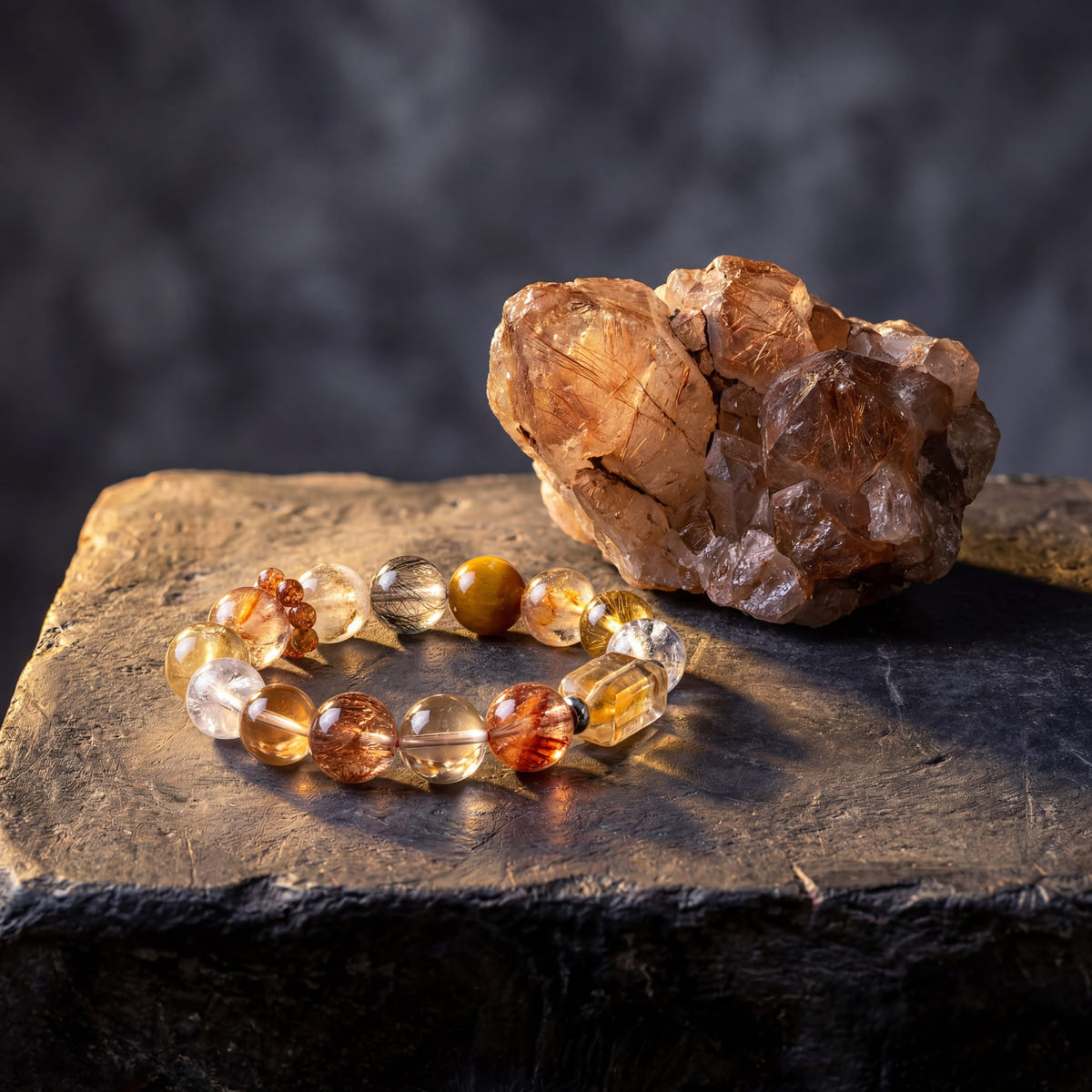 Z02 Aurum Complex bracelet beside a raw golden crystal specimen on a basalt block