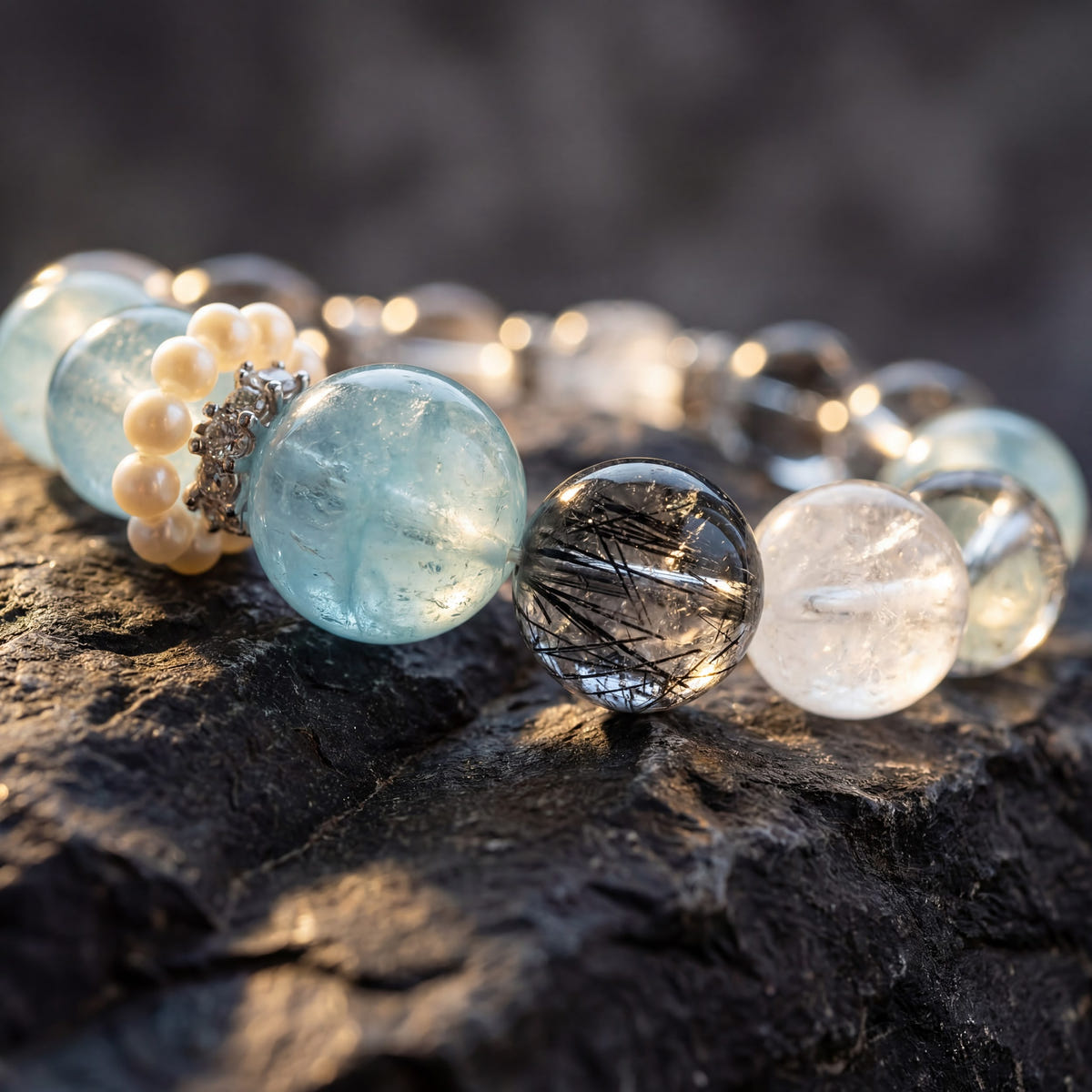Macro of Z03 Glacial Vox — aquamarine beads, small cultured pearls and a dark rutilated quartz bead