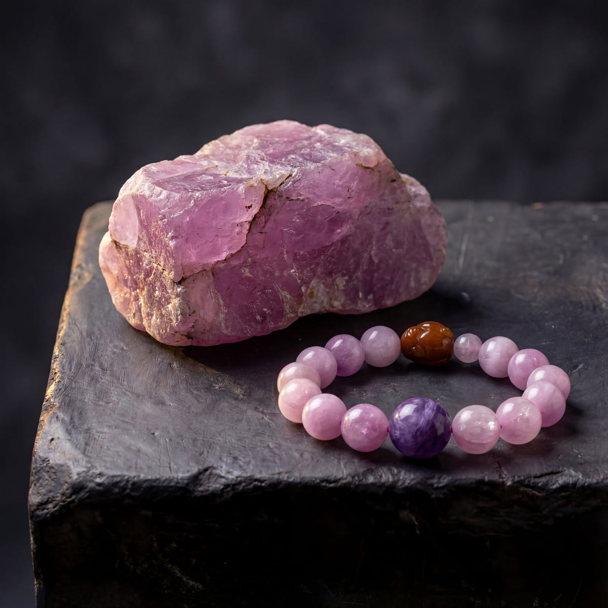 Z04 Violet Static bracelet beside a raw pink stone specimen on a basalt block