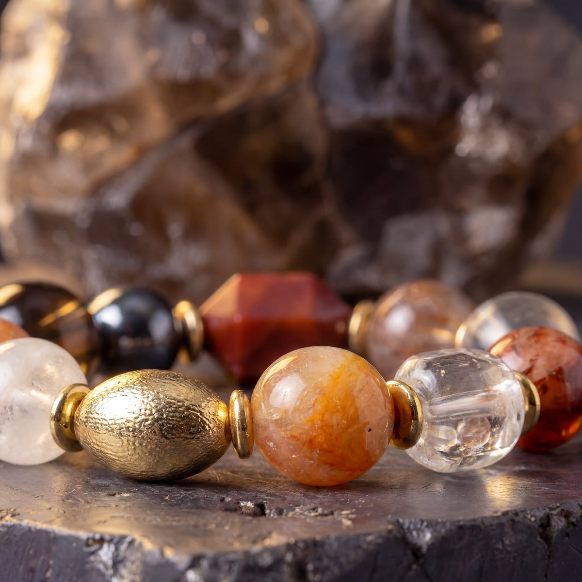 Macro of Z06 Omni Matrix — faceted amber-colored bead and a gold-tone bead among quartz