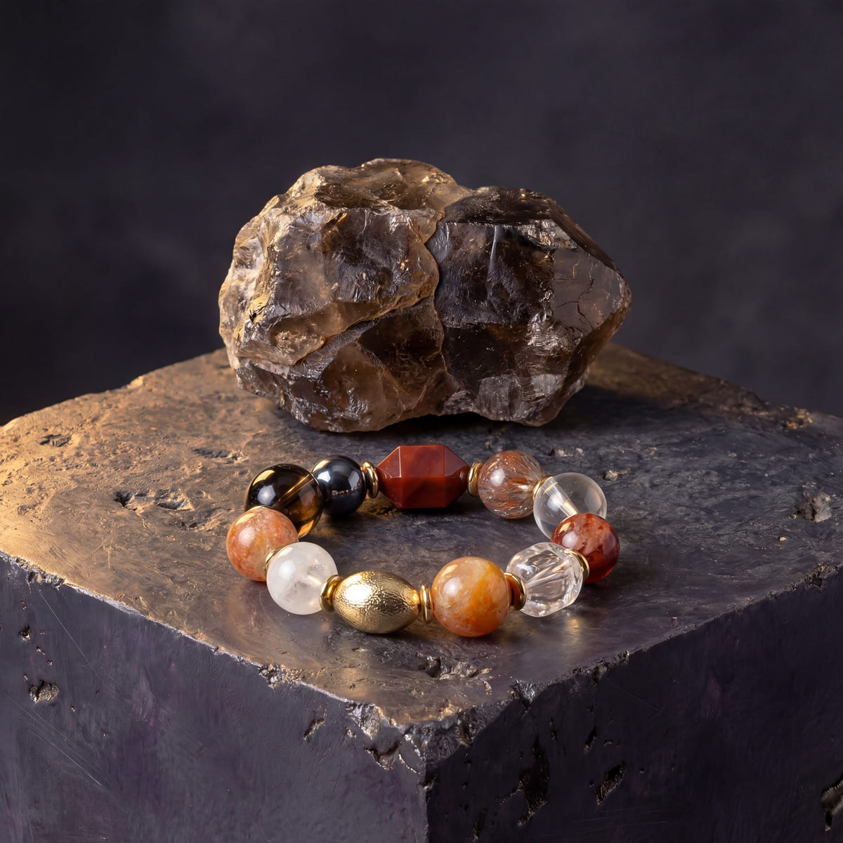 Z06 Omni Matrix bracelet beside a raw smoky crystal specimen on a basalt block