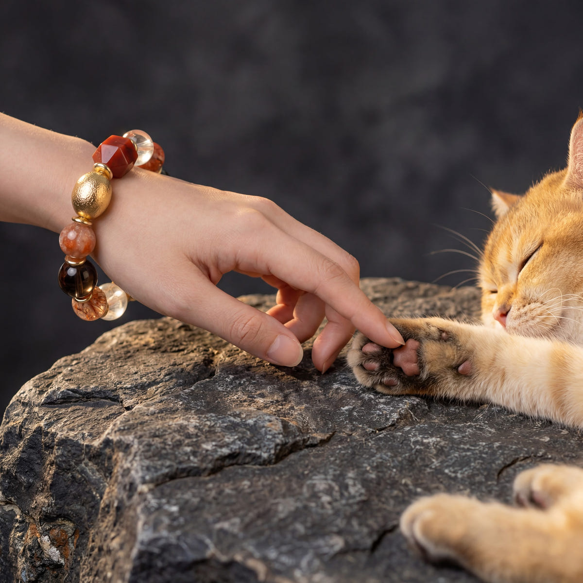 Z06 Omni Matrix bracelet on a hand reaching toward an orange cat's paw