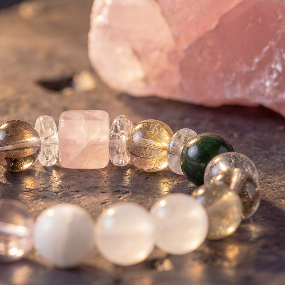 Macro of Z07 Rose Protocol — rose quartz cube and golden rutilated beads