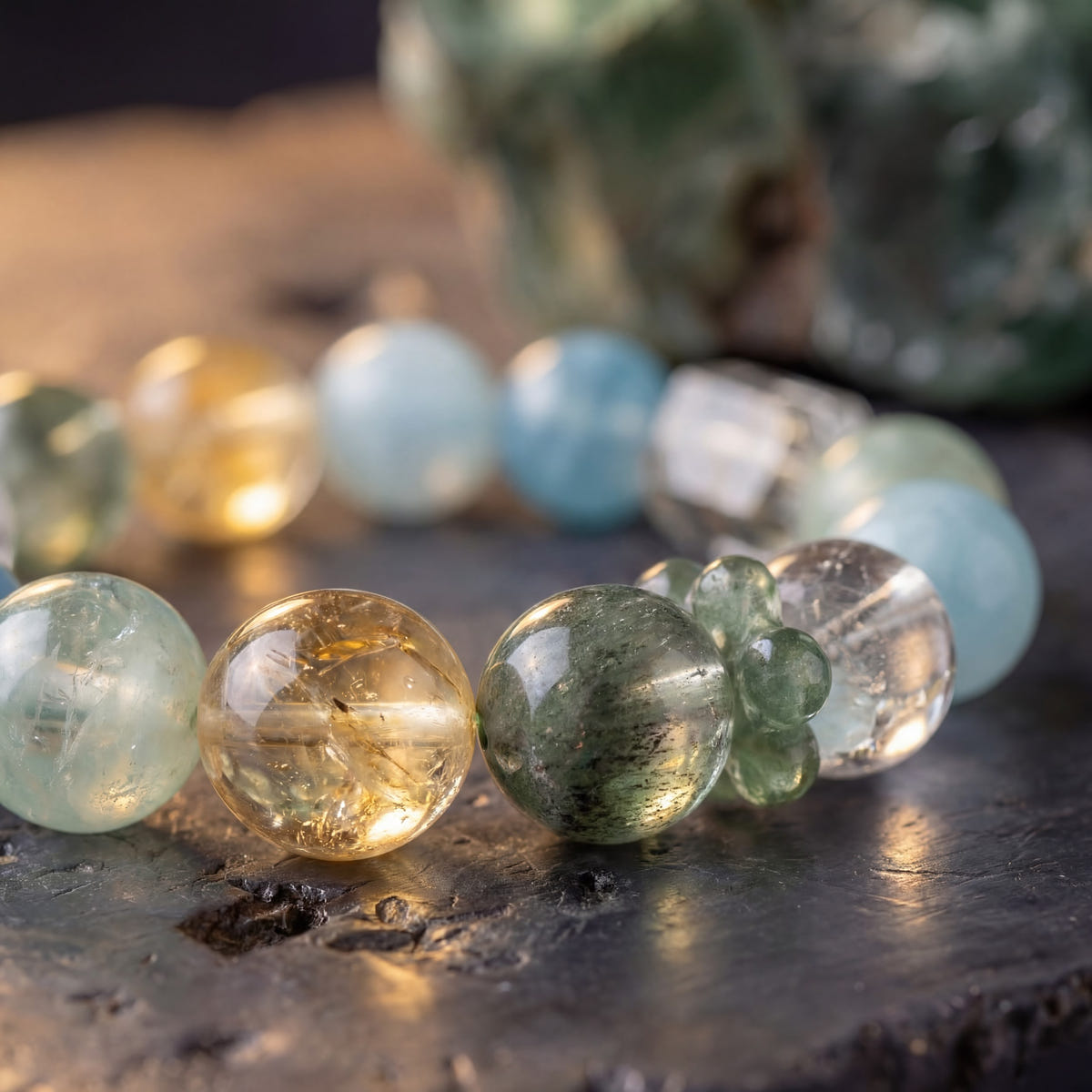 Macro of Z08 Verdant Bios — green phantom and aquamarine beads with golden inclusions