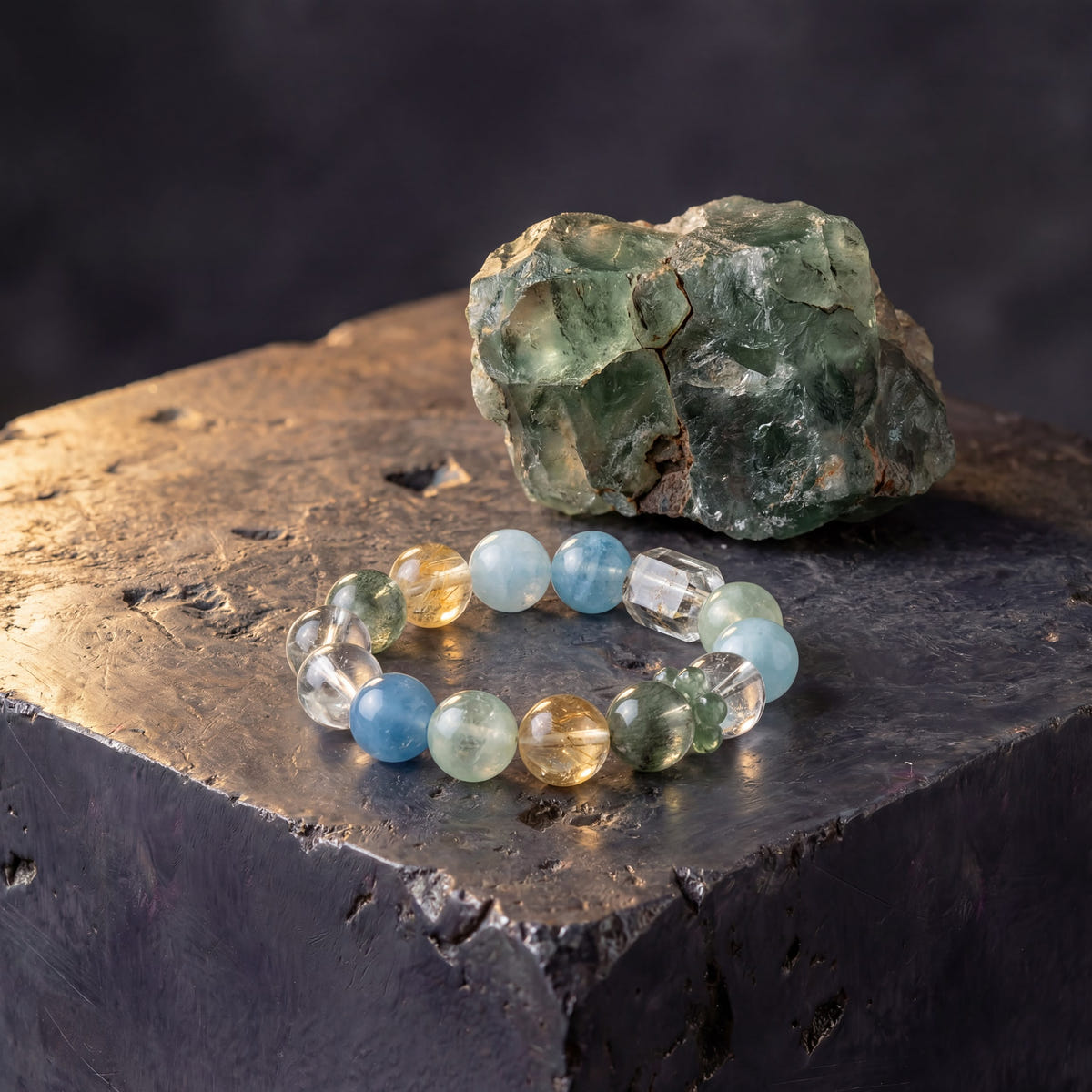 Z08 Verdant Bios bracelet beside a raw green stone specimen on a basalt block